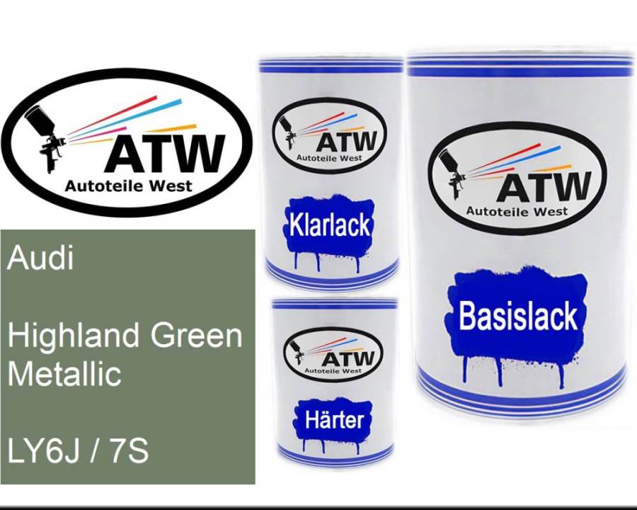 Audi, Highland Green Metallic, LY6J / 7S: 500ml Lackdose + 500ml Klarlack + 250ml Härter - Set, von ATW Autoteile West.